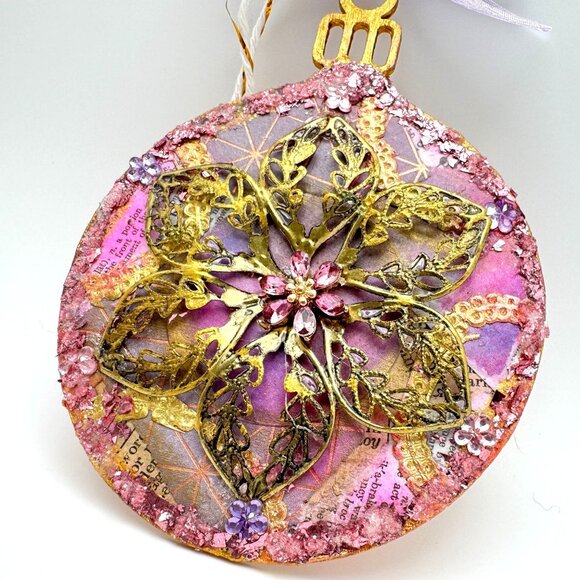 Handcrafted Ornament OOAK Vintage-Inspired Collage Gold Flower & Purple Accents - Picture 3 of 7